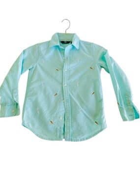 Janie & Jack Button-Down Oxford Shirt Mint Green Embroidered Carrots 6 Cotton